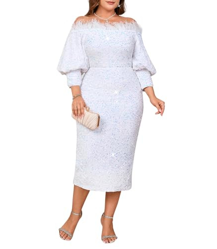 Women Sexy Sequin Off The Shoulder Puff 3/4 Sleeve Bodycon Dress Formal Party Cocktail Evening Mi... | Amazon (US)