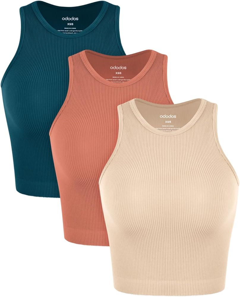ODODOS 3-Pack Seamless Crop Tank for Women Ribbed Soft High Neck Cropped Tops | Amazon (US)