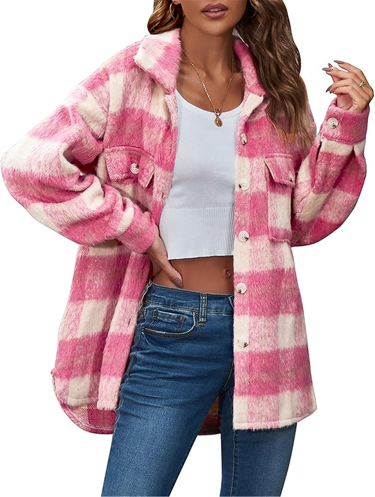 Urban Virgin Women's Brushed Plaid Shirts Long Sleeve Flannel Lapel Button Down Pocketed Shacket ... | Amazon (US)