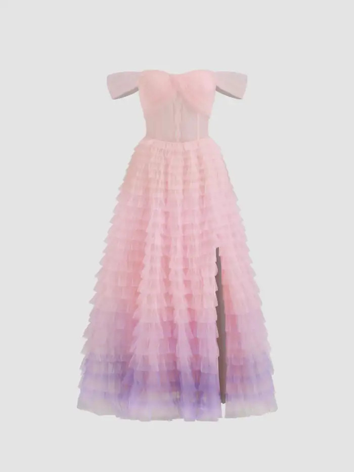 Off-shoulder Ombre Corset Tulle Tiered Gown Maxi Dress | Cider