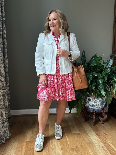 Walmart dress size large 
White denim jacket size 12. It’s roomy. 
Sneakers have a very smart insole. It’s a raised footbed about 1” do you aren’t walking flat. Brilliant! Tts 

#LTKtravel #LTKover40 #LTKfindsunder50