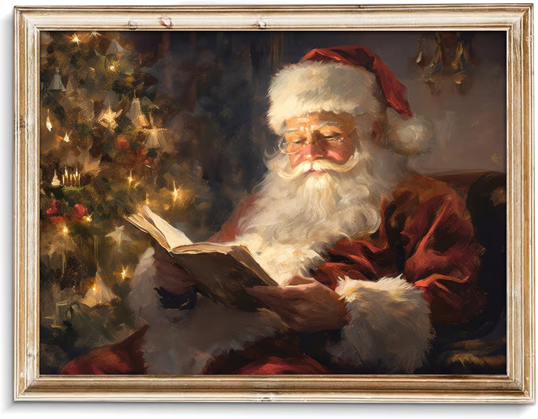 uniro Vintage Christmas Wall Art Santa Reading Book Christmas Oil Painting Printable Art Cottagec... | Amazon (US)