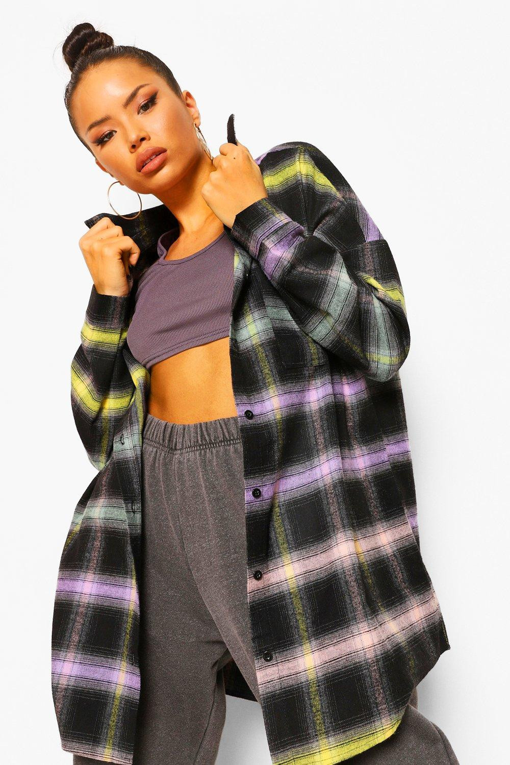 Womens Ombre Flannel Oversized Shirt - Yellow - 12 | Boohoo.com (US & CA)