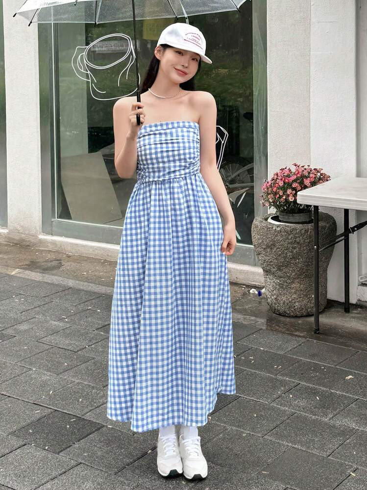Dazy X KIMYOUJUNG Women's Plaid Strapless Dress Cruise Women Outfits Sundress Vacation Outfits Women | SHEIN