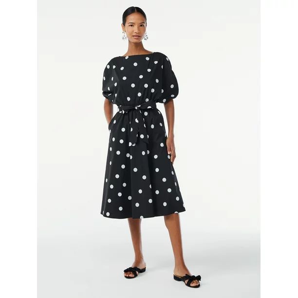 Scoop Women's Tie Front Midi Dress with Ruched Sleeves - Walmart.com | Walmart (US)