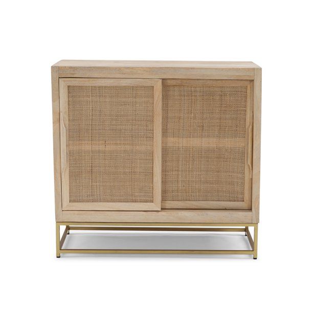 Janie Rattan Sliding Doors Cabinet with Shelves, Natural and Gold | Walmart (US)
