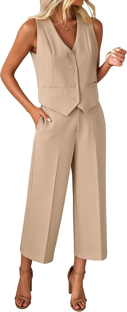 luvamia Pant Suits for Women Dressy Casual 2 Piece Sets Sleeveless Blazer Vest with Wide Leg Capr... | Amazon (US)