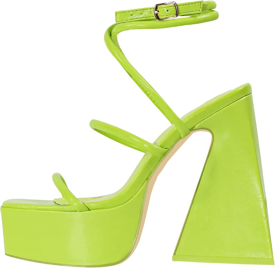 KISTANIA Women's Platform Chunky Heeled Sandals Ankle Strap Cross Tube Square Toe Rhinestone Summ... | Amazon (US)