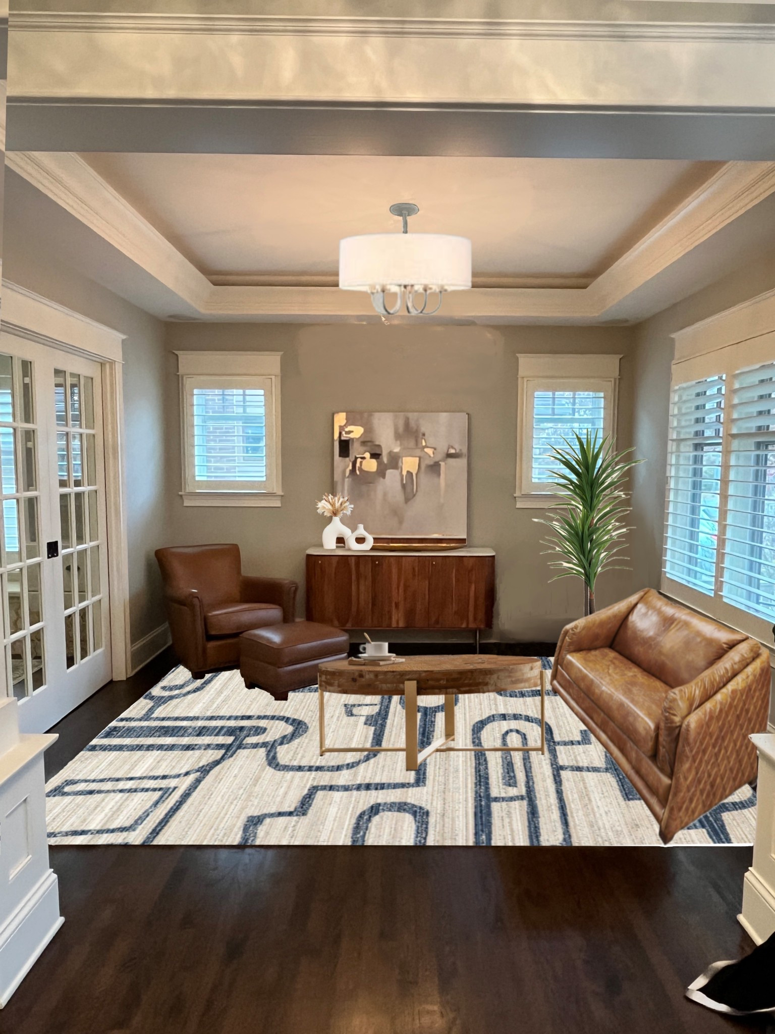 Front living room lay out with modern rug 