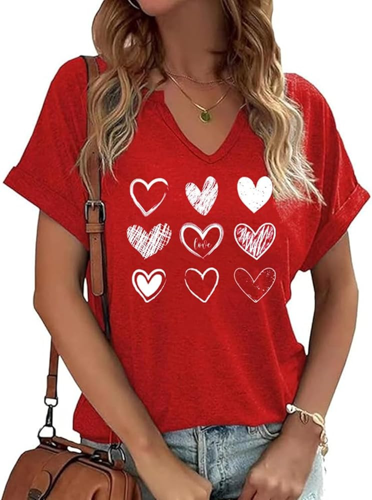 Valentine's Day V Neck T-Shirts Womens Cute Love Heart Valentines Shirts Grarphic Tee Top | Amazon (US)