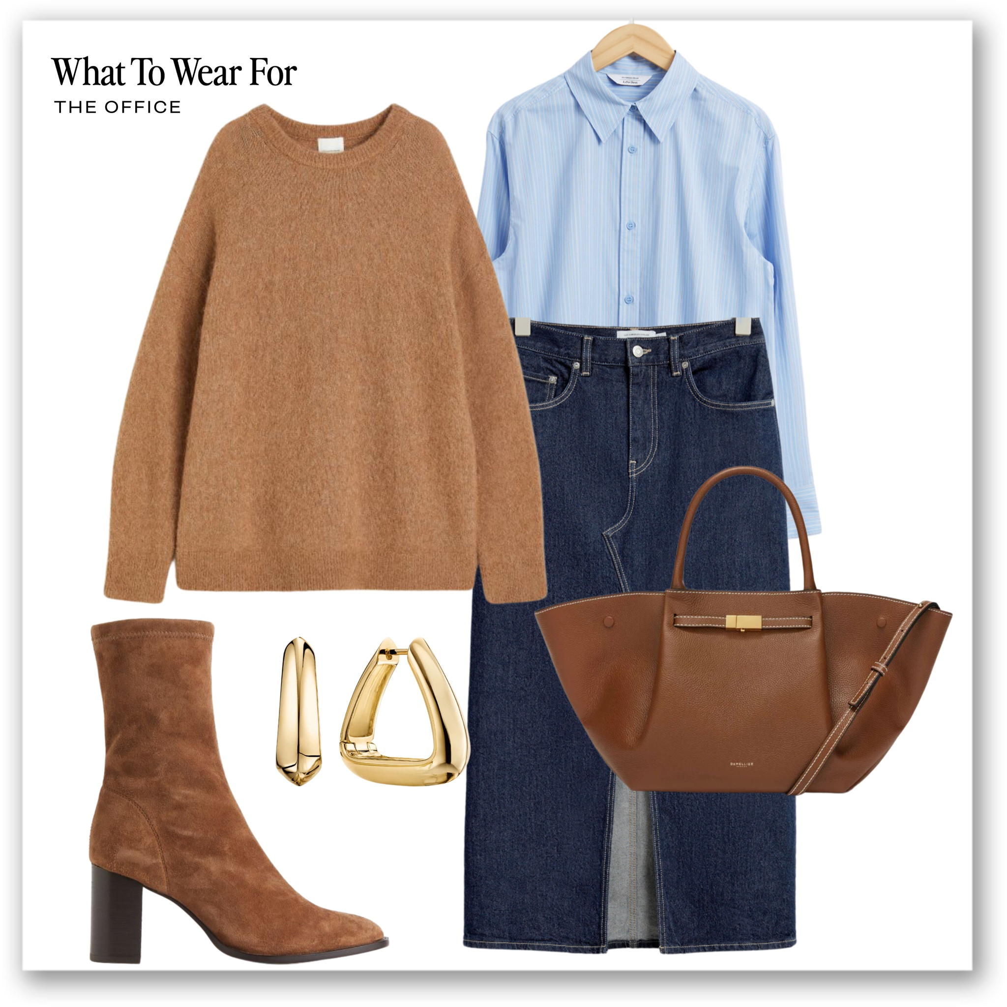 Office outfit inspo

Denim midi skirt, blue shirt, camel jumper,  heeled boots, demellier tote bag, gold hoops, workwear 

#LTKSeasonal #LTKworkwear #LTKstyletip