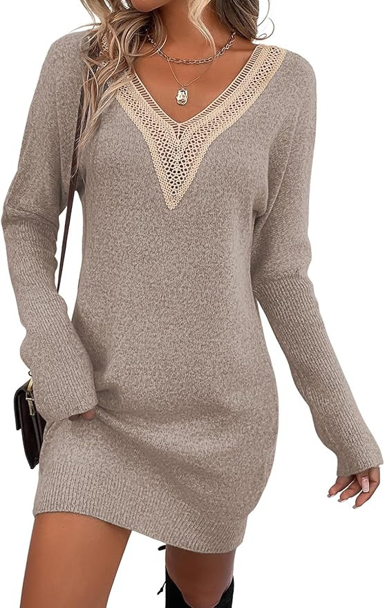 Sidefeel Women Lace Trim V Neck Long Sleeve Sweater Dress Bodycon Knit Mini Pullover Dresses | Amazon (US)