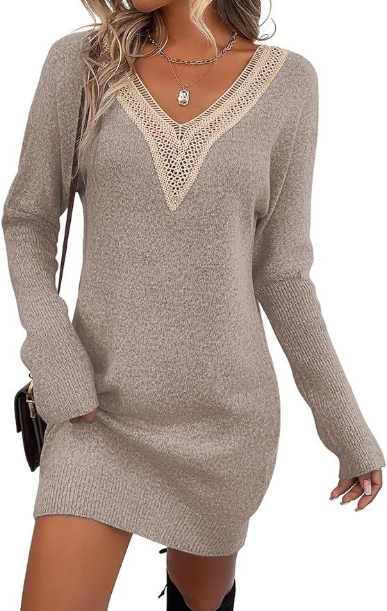 Sidefeel Women Lace Trim V Neck Long Sleeve Sweater Dress Bodycon Knit Mini Pullover Dresses | Amazon (US)