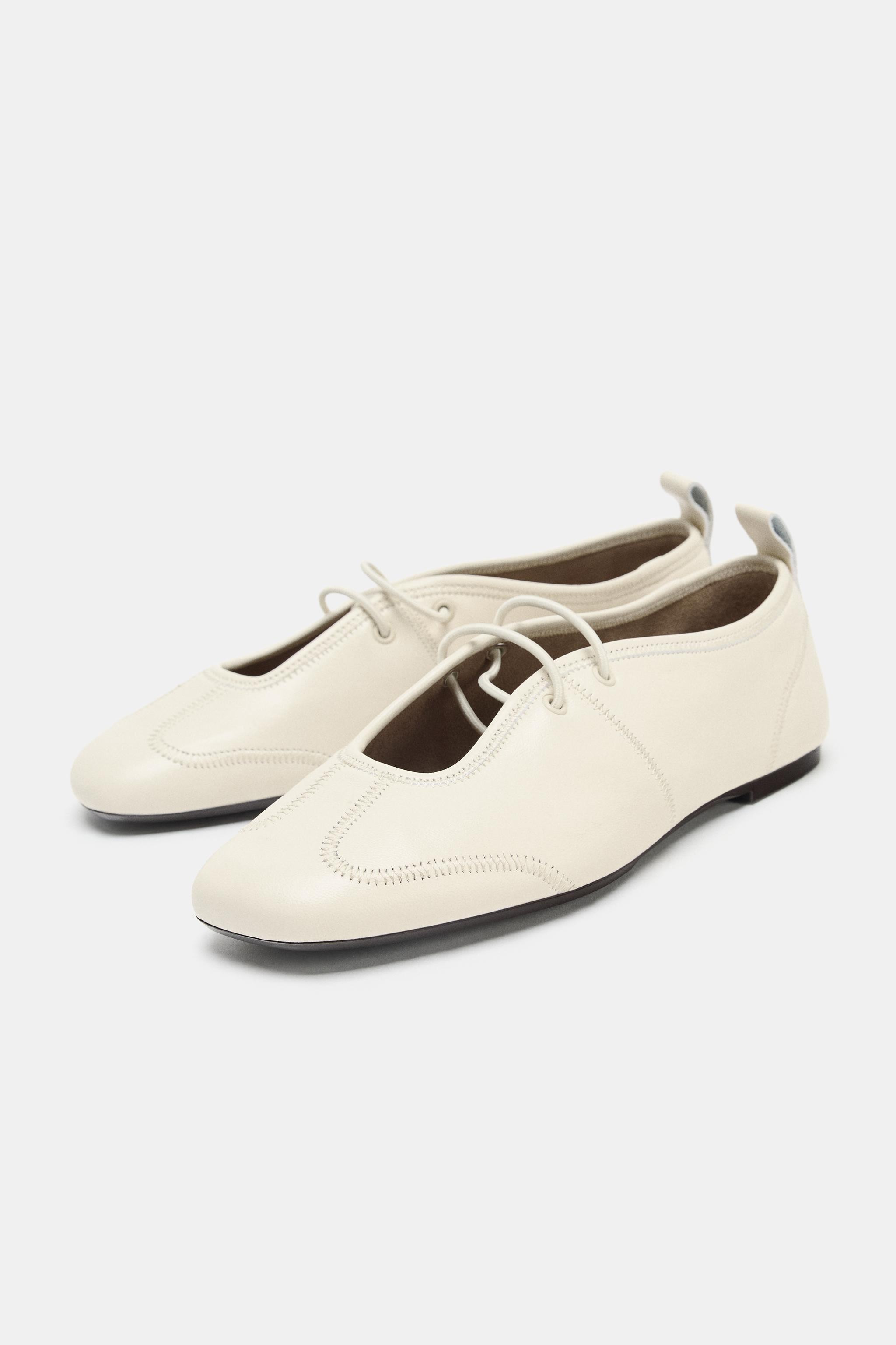 LEATHER TOPSTITCHED BALLET FLATS | Zara US