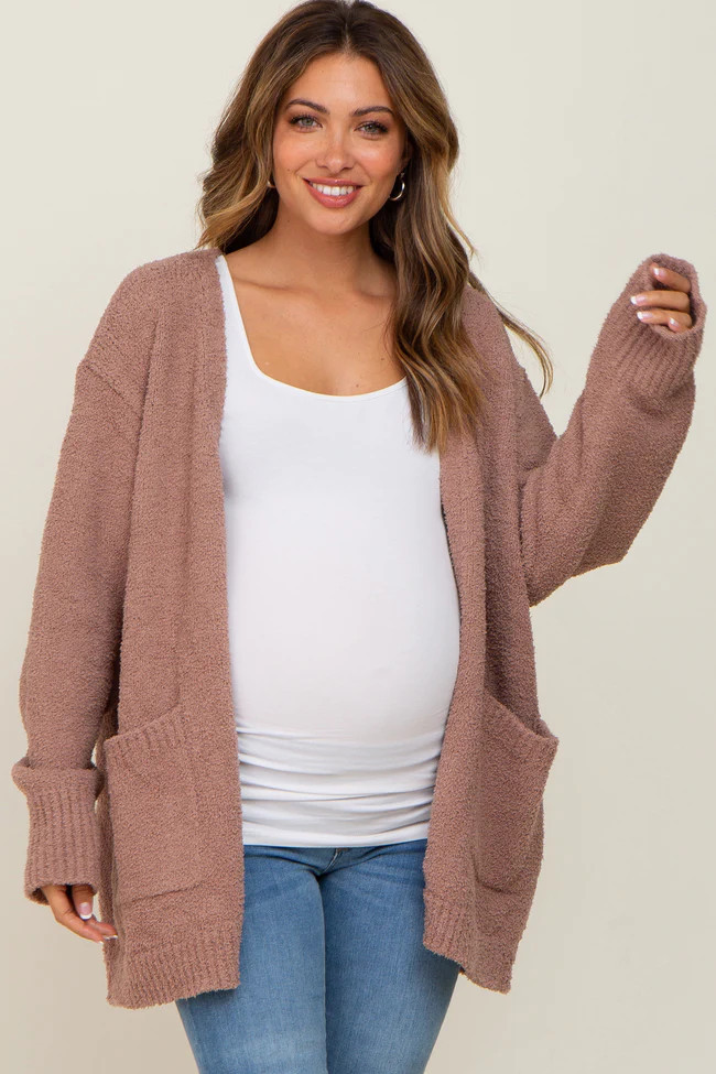 Mocha Fuzzy Knit Front Pocket Maternity Cardigan | PinkBlush Maternity