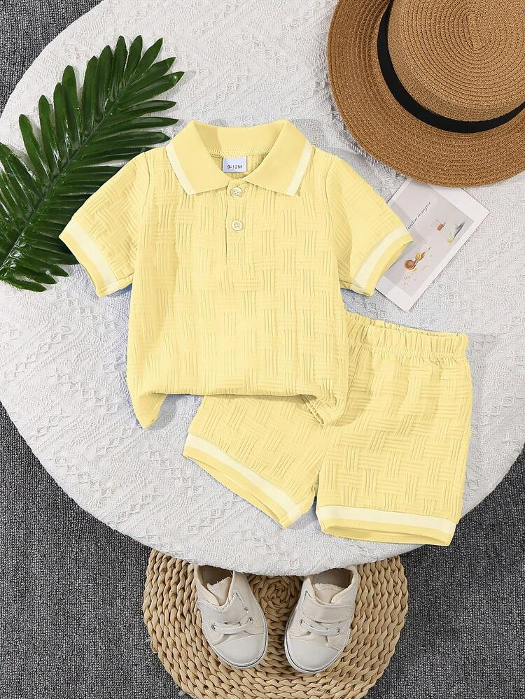 2pcs/Set Infant Boys' Summer Polo Shirt With Jacquard Pattern And Solid Color Shorts Casual Fashion Outfit | SHEIN
