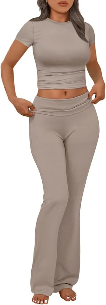 Trendy Queen Lounge Sets For Women 2 Piece Casual Y2K Outfits Short Sleeve Cropped Tops Fold Over... | Amazon (US)