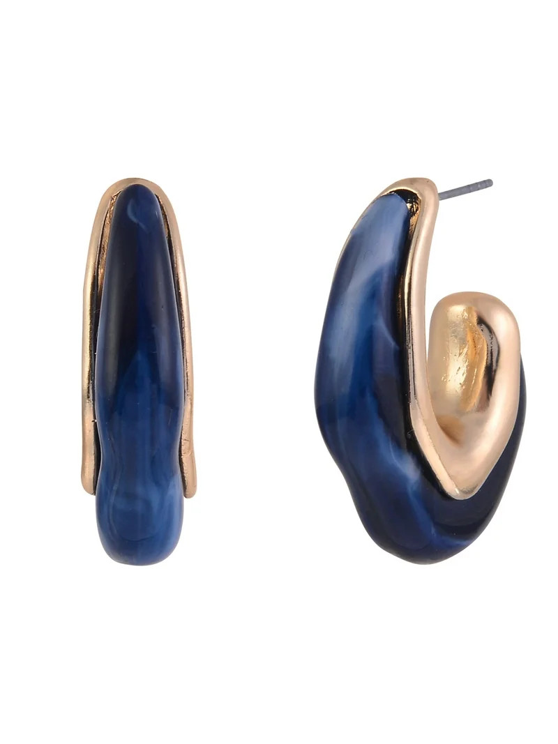 Time and Tru Women's Wavy Acrylic Blue Goldtone C-Hoop Earrings - Walmart.com | Walmart (US)