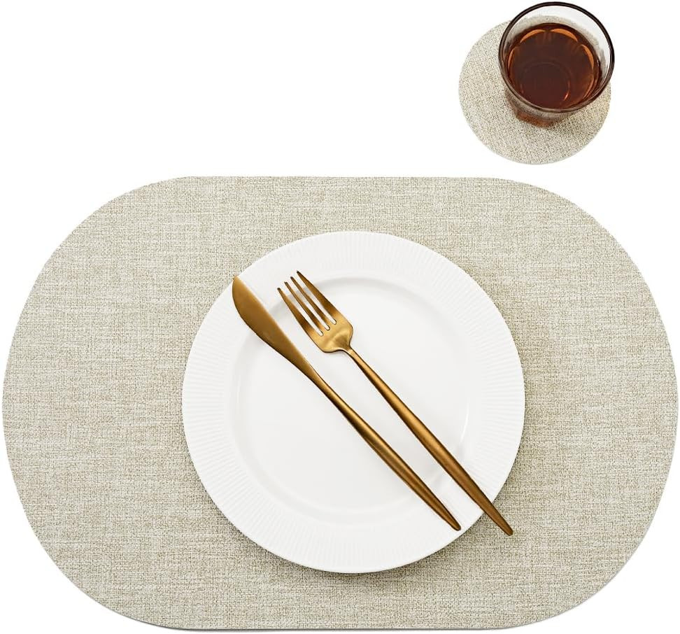 Oval Table Mats Set of 6, Faux Leather Placemats for Round Table(Beige) | Amazon (US)