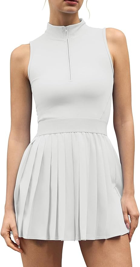 QINSEN Womens Zip Front Tennis Dress High Neck Pleated Sleeveless Two Pieces Golf Athletic Dress ... | Amazon (US)