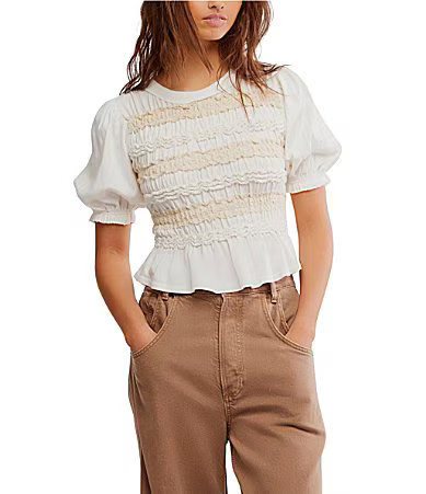 Free People Maxey Crew Neck Short Sleeve Smocked Top - XS | Dillard's