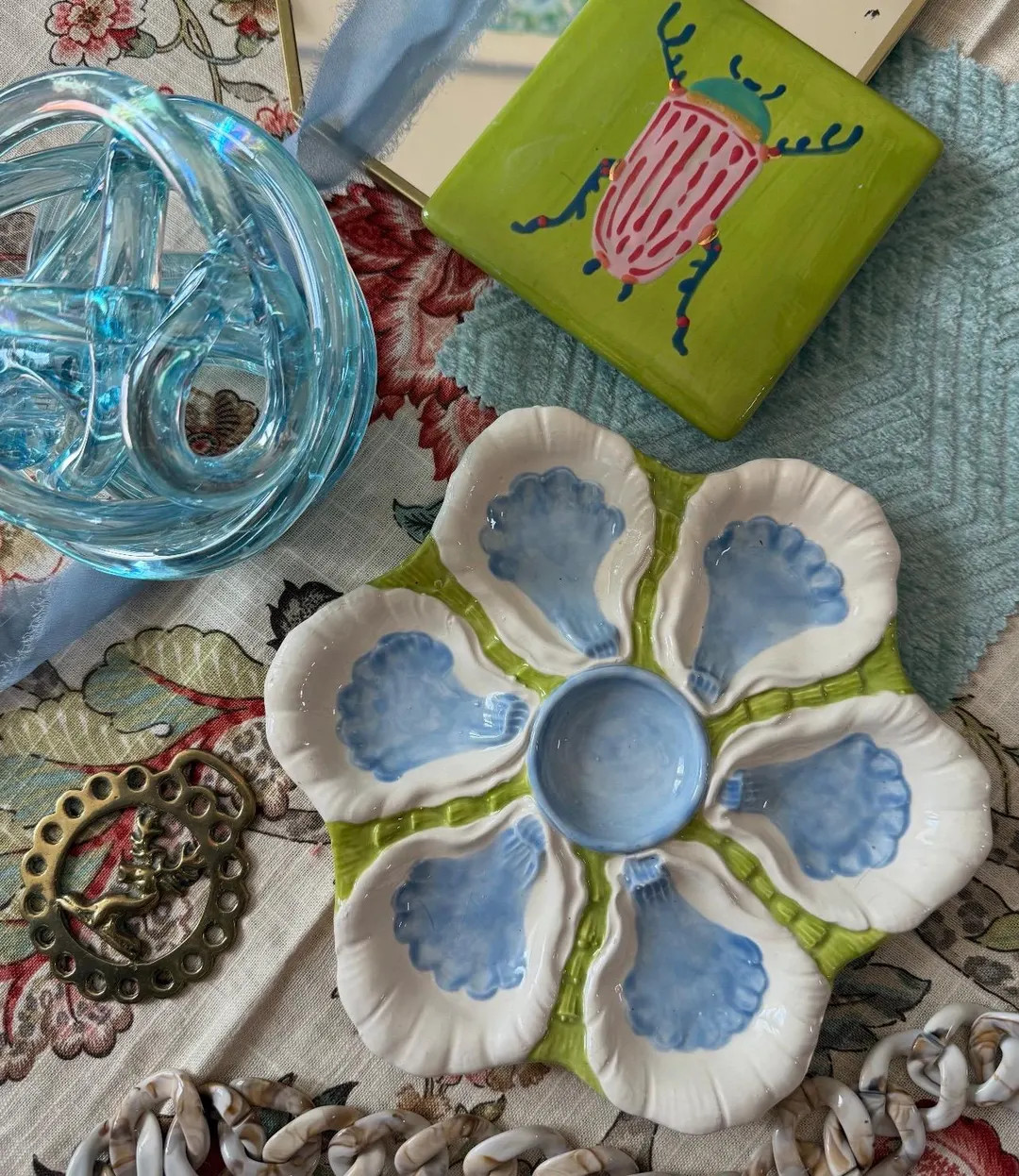 Hand Painted Cast Oyster Plate - Chartreuse and Pale Blue | Etsy (US)
