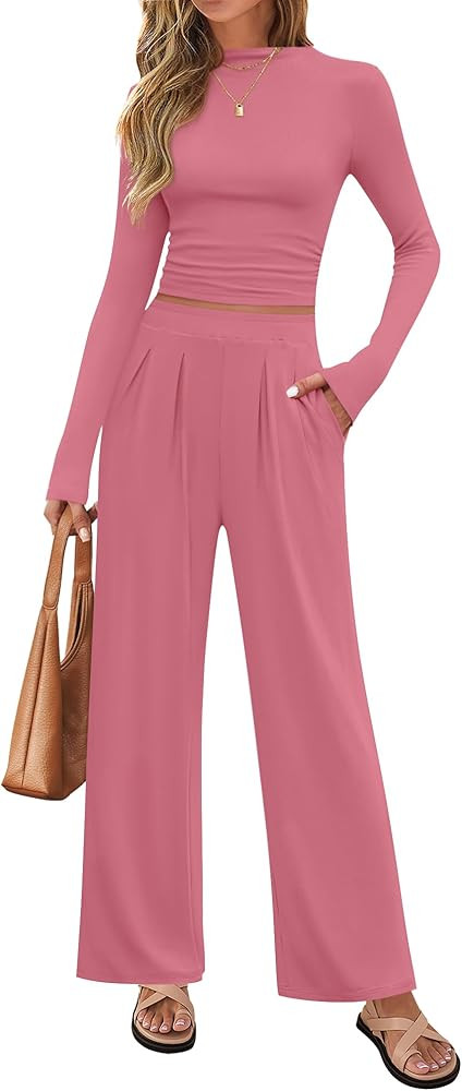 ZESICA Women's 2 Piece Outfits Set 2024 Casual Long Sleeve Ruched Fitted Crop Top Wide Leg Pants ... | Amazon (US)