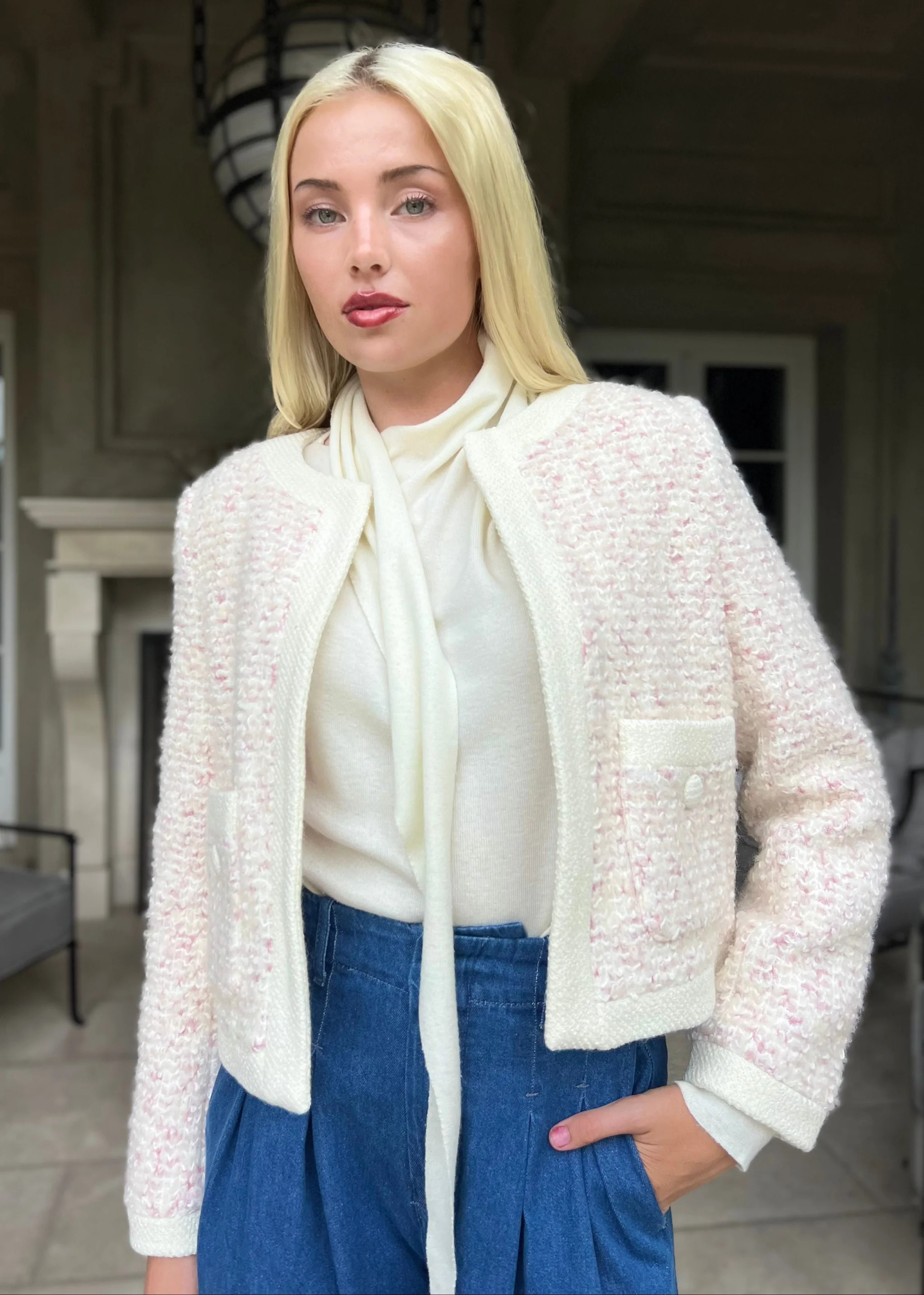 Emmie Pink Boucle Jacket With Contrast Edge Trim | Benaar La