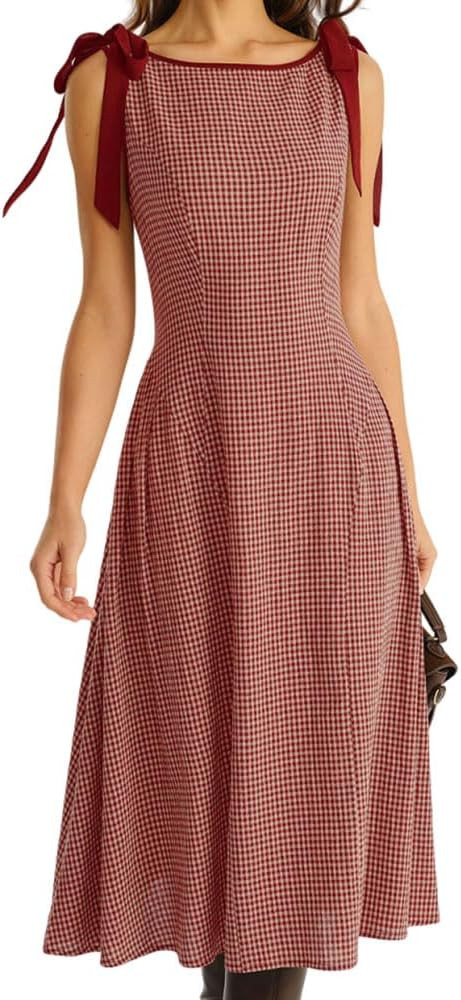 RIHOAS Women's Plaid Boat Neck A-Line Midi Dress - Casual Vintage Plaid Dress for Women | Amazon (US)