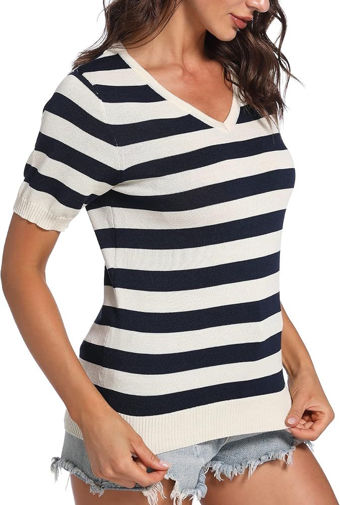 FELLVISHK Womens Short Sleeve Knit Sweater Tops Casual Pullover Breathable V Neck Summer Striped ... | Amazon (US)