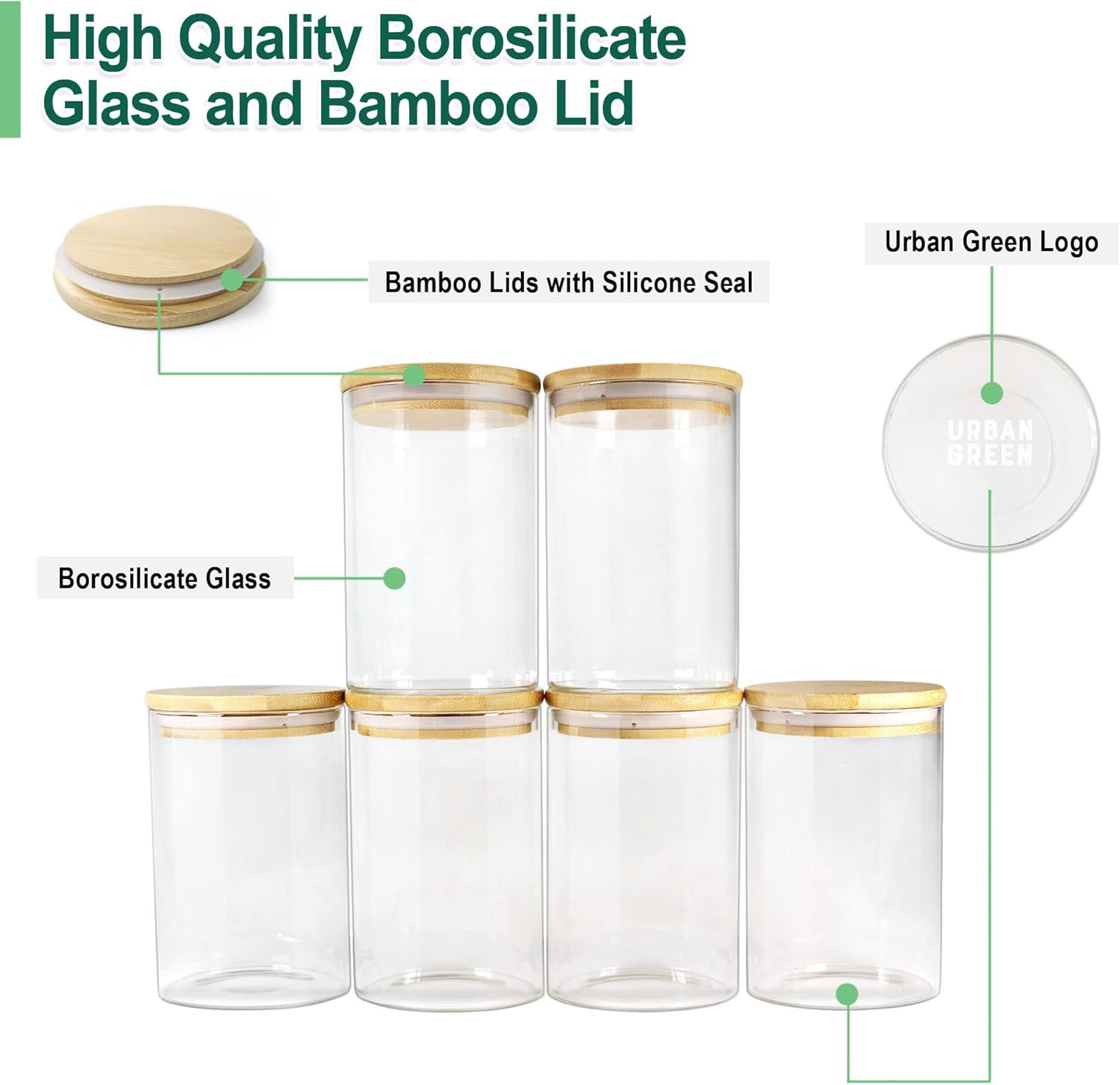 Urban Green Glass Jars with Bamboo Lids, Glass Airtight Canisters sets, Food Storage Container, P... | Amazon (US)