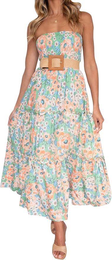 ZESICA Women's Summer Bohemian Floral Printed Strapless Beach Party Long Maxi Dress | Amazon (US)