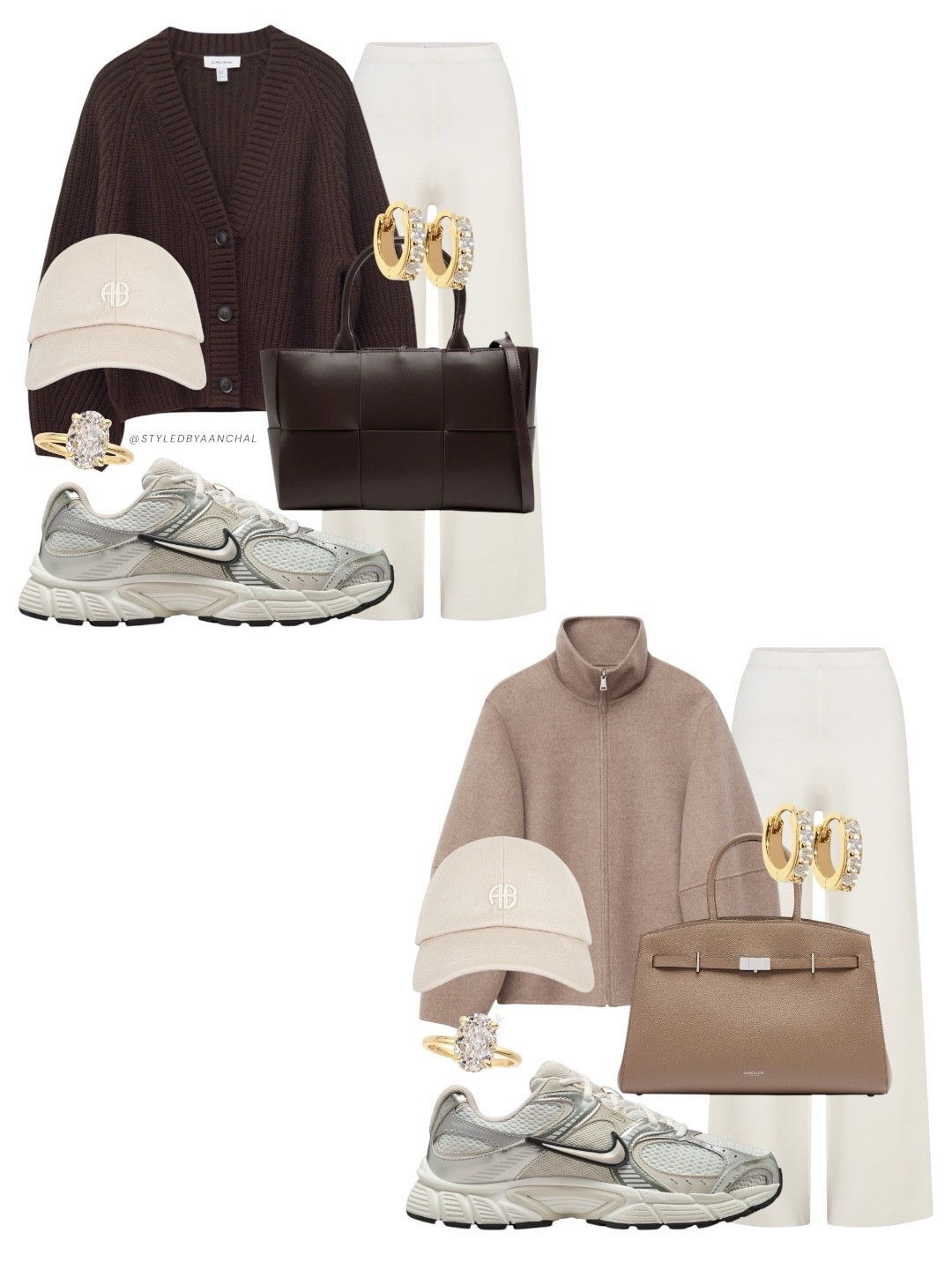 Effortless sporty chic neutral outfits☕️✨

Which look is your favorite?


Brown cardigan 
Sporty chic outfit 
& other stories
Nike 
Promise ring
Crushed ice oval cut ring
Gold jewelry 
Tarnish free jewelry 
Beige cap




#LTKootd #LTKdayinmylife #LTKgrwm