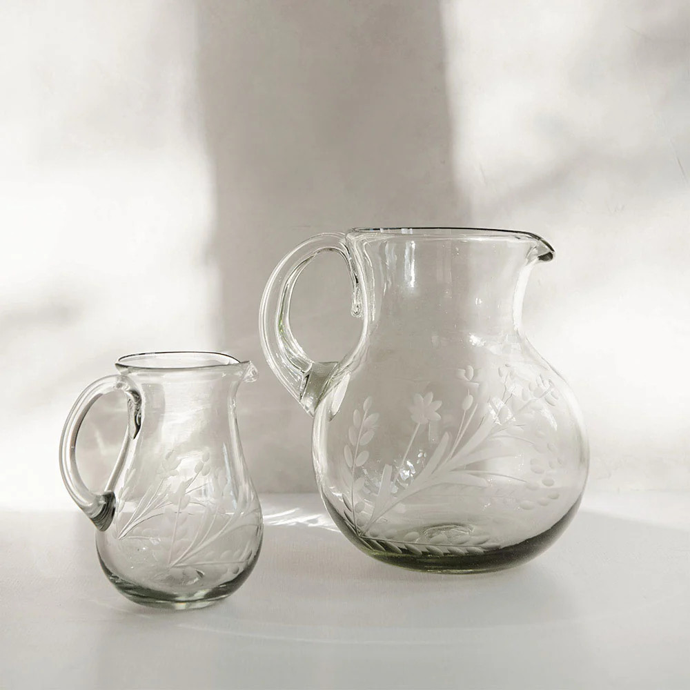 Round Etched Artisan Glass Pitcher | Roan Iris