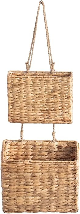 YAHUAN Woven Water Hyacinth Hanging Basket 2-Tiered Storage Baskets Hanging Organizer Hanging Wal... | Amazon (US)
