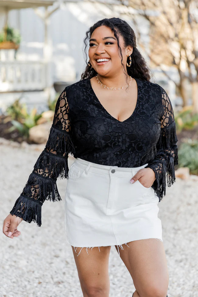 Meet Me On Broadway Black Fringe Sleeve Lace Long Sleeve Bodysuit | Pink Lily