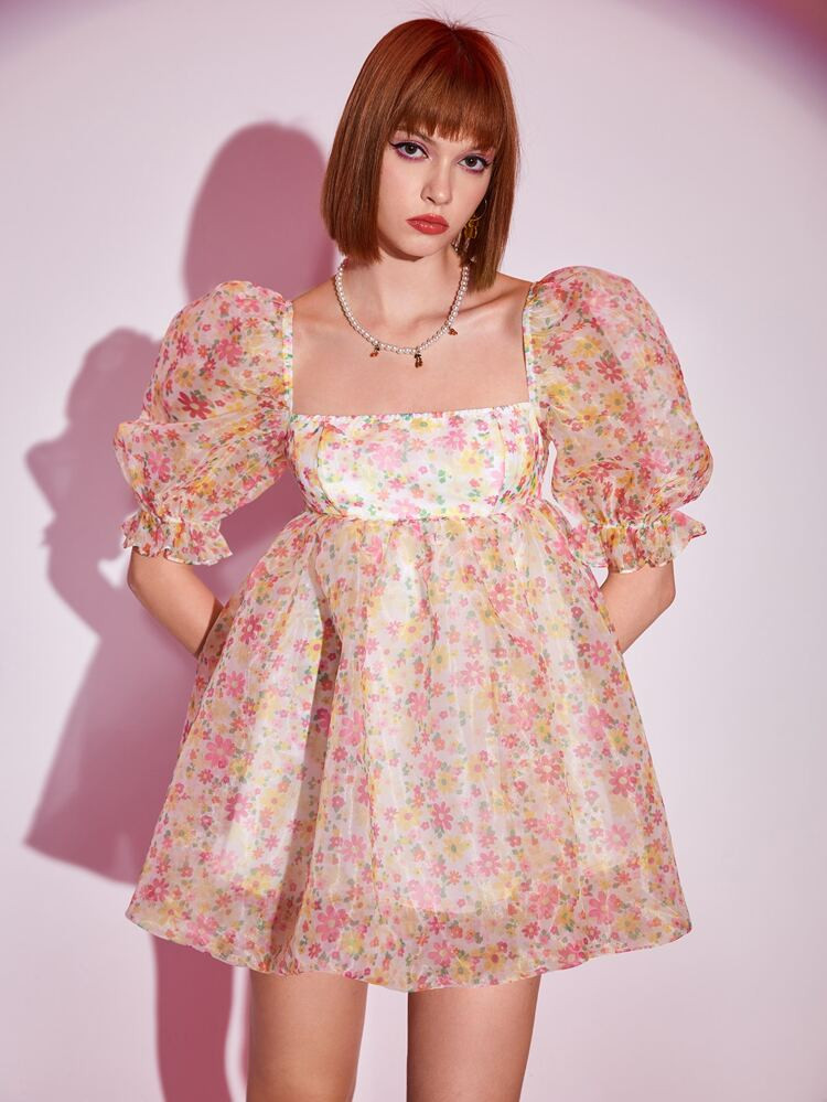 SHEIN MOD Square Neck Floral Allover Print Puff Sleeve Organza Dress | SHEIN