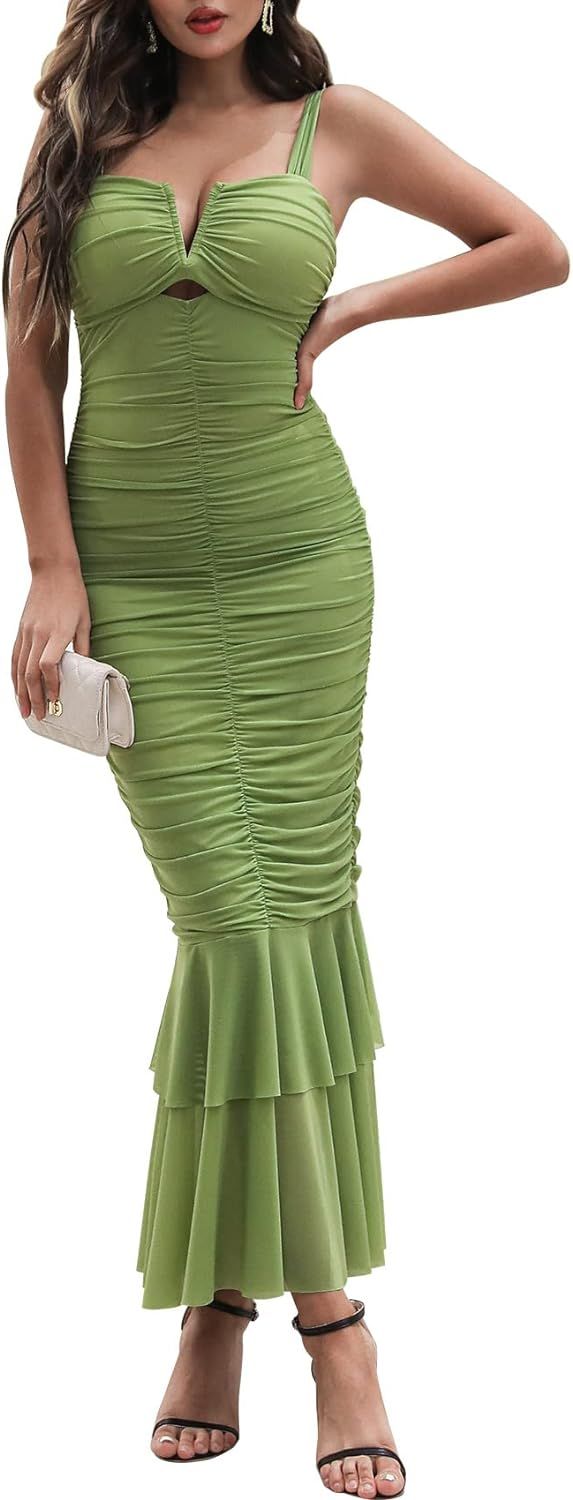 FANTOYE Women's Ruched V Neck Bodycon Dress Formal Sleeveless Mesh Straps Fishtail Midi Dresses | Amazon (US)