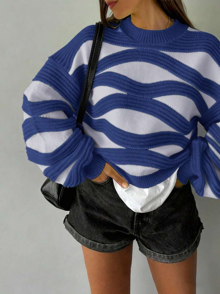 FOR BEAUTY Autumn/Winter New Women Round Neck Wavy Striped Contrast Color Long Sleeve Knitted Sweater Top, J Fashion Loose Comfortable Dopamine Color Date Night Lantern Sleeve Pullover Knit Casual Warm Top, New Year Edition | SHEIN