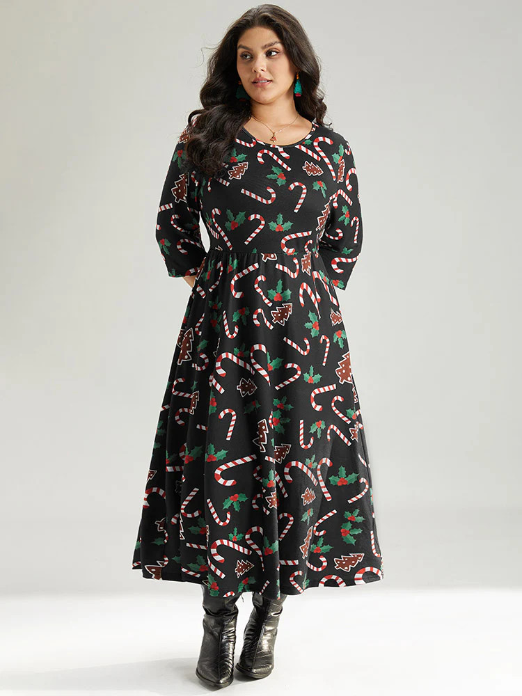 Christmas Print Pocket Elastic Waist Dress | Bloomchic