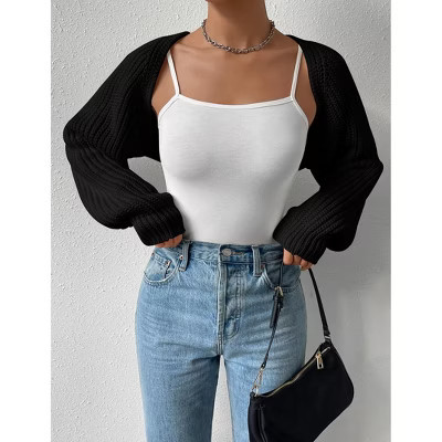 Women's Open Front Cardigan Drop Shoulder Long Sleeve Knit Summer Crop Shrug Sweater Black L | Target