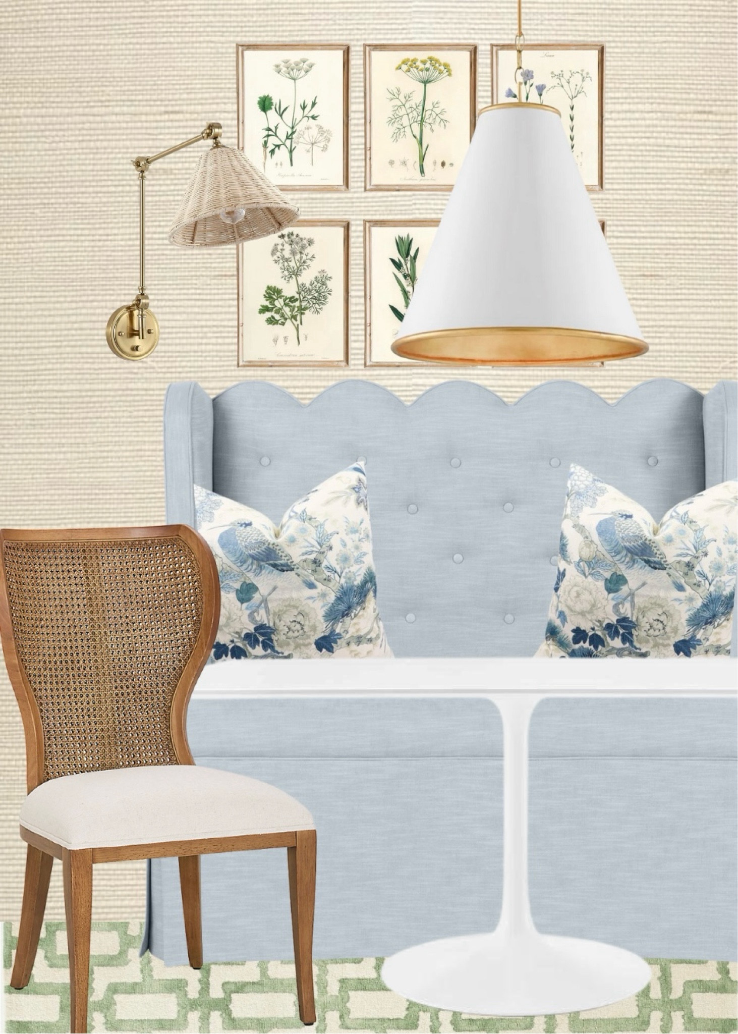 Breakfast area inspo; interior design inspo; dining room; banquette seating; scalloped banquette; grasscloth wallpaper; pendant light; botanical art; cane back chair

#LTKhome #LTKsalealert