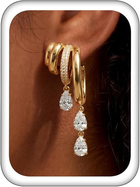 Triple Huggie Stacked Earrings for Women Gold Chain Drop Dangle Earrings Cute Statement CZ Earrin... | Amazon (US)