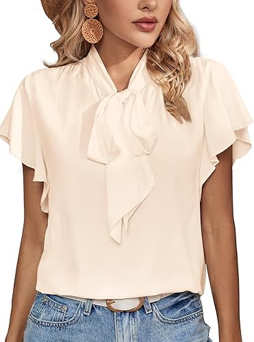 Rooscier Women's Bow Tie Neck Ruffle Short Sleeve Vintage Retro Work Blouse Top | Amazon (US)