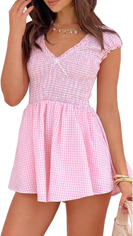 Womens Summer Gingham Rompers V Neck Puff Sleeve Smocked Wide Leg Plaid Shorts Dressy Jumpsuits | Amazon (US)