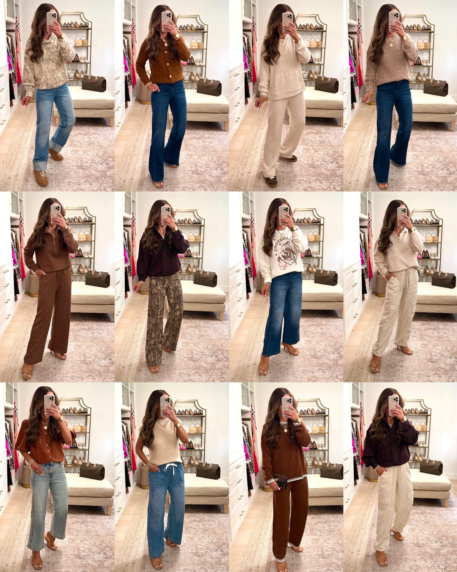 Wearing size S in almost all items except: 
- Sized down to XS in the cream jogger pants 
-sized up M in cowboy sweatshirt 
- wearing size 2 in time and tru jeans 
- wearing size 4 in the Allegrak gray hem jeans 
- size down in the camo pants and scuba jacket if between sizes 