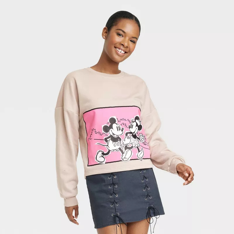 Women's Disney Mickey and Minnie Graphic Sweatshirt - Tan | Target