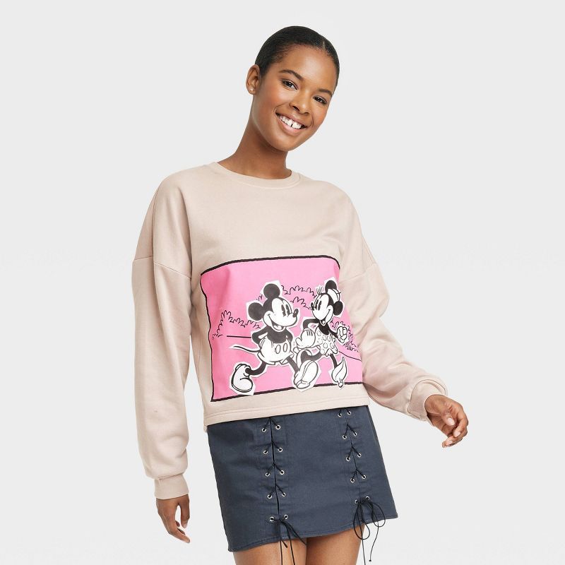 Women's Disney Mickey and Minnie Graphic Sweatshirt - Tan | Target