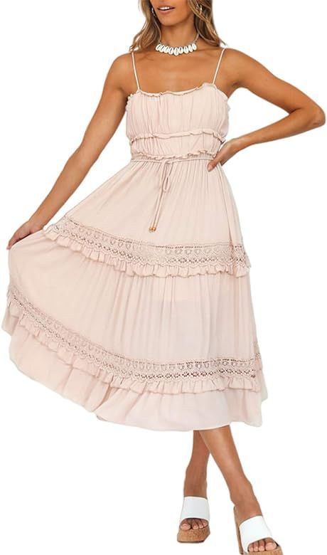 Women’s Strapless Tube Top Boho Maxi Dress Summer A line Ruffle Long Dress | Amazon (US)