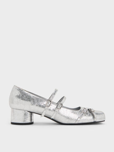 Silver Janis Metallic Crinkle-Effect Double-Strap Mary Jane Pumps | CHARLES & KEITH | Charles & Keith EU
